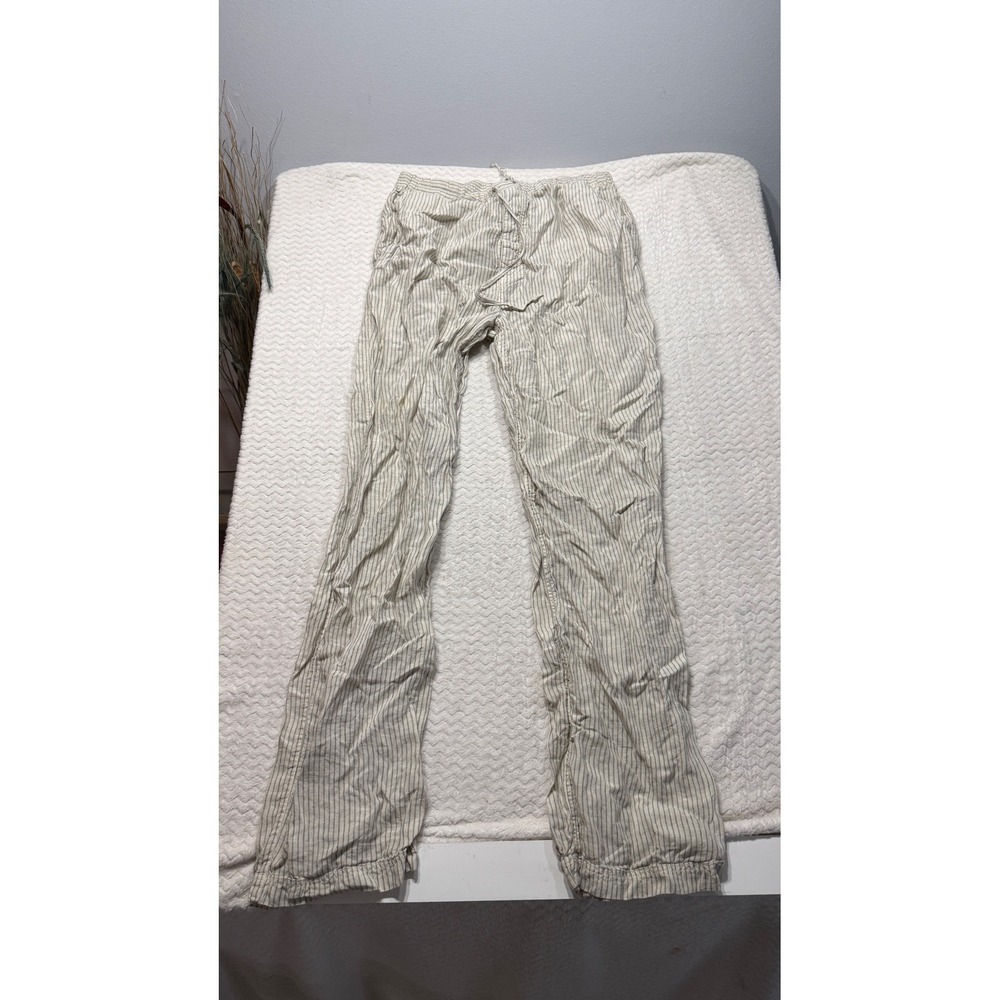 Martin Gordon Women XL 100% Linen Striped Wide Leg Drawstring Pants Cream Grey